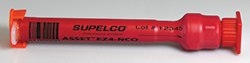 asset-ez4-nco A red cylindrical object with black measurement markings. It is labeled “SUPELCO” along with “Lot 12345” and “ASSET FRANCE”.
