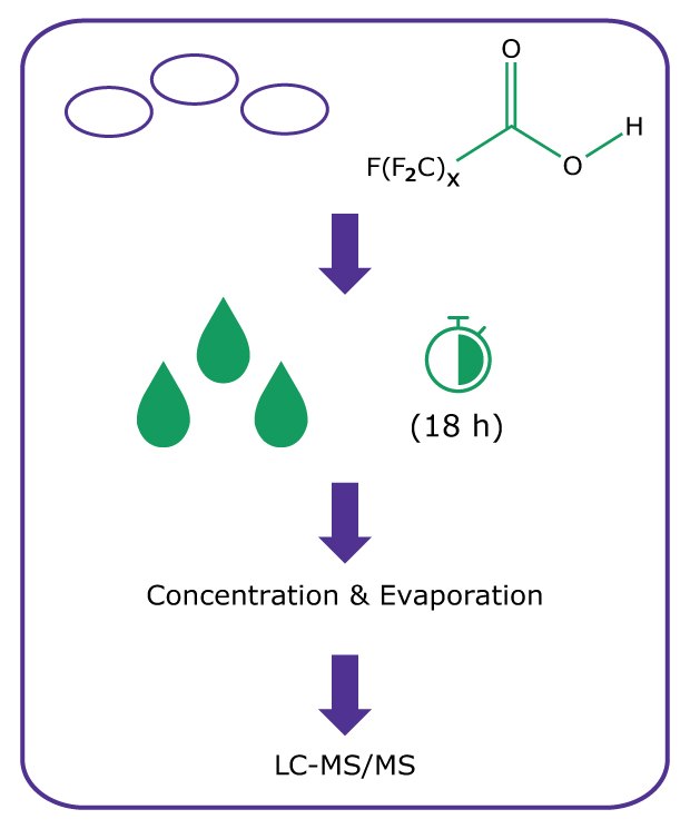 Front-half extraction method used for air monitoring of PFAS using OTM-45 Diagrama de la secuencia de trabajo que muestra la extracción de la mitad delantera de los filtros, comenzando con la adición de patrones internos de isótopos diluidos a los filtros, seguido de la extracción de filtros en metanol durante 18 horas, luego la concentración por bloques calientes y el vaciado para la concentración y la evaporación, seguido del análisis mediante LC-MS/MS.