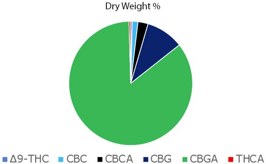 Pie chart showing determined cannabinoid concentrations in hemp bud sample using Rapid Gradient Acetonitrile Method. A pie chart showing the HPLC-PDA determined cannabinoid concentrations in a hemp bud sample using the Rapid Gradient Acetonitrile Method.