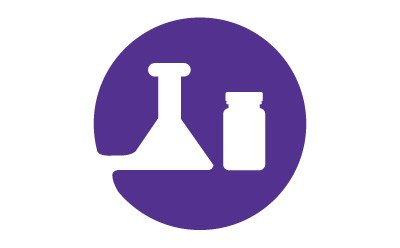 A white laboratory flask and two containers on a purple circular background, symbolizing scientific research or laboratory work. A white laboratory flask and two containers on a purple circular background, symbolizing scientific research or laboratory work.