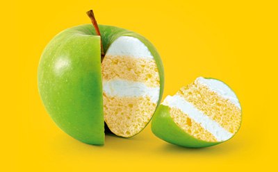 What if Food Fraud testing was a piece of cake? Cut apple with a slice showing cake to illustrate food fraud