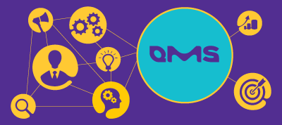 Impact of Strong QMS on Development Manufacturing Person in front of a glass screen pushing a QMS bubble connected to other bubbles that show the impact of downstream processes and business.