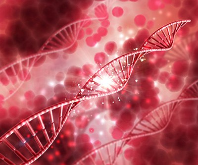 Pro K Blood DNA Extaction Computer generated graphic of several DNA double helices and red blood cells floating in a solution