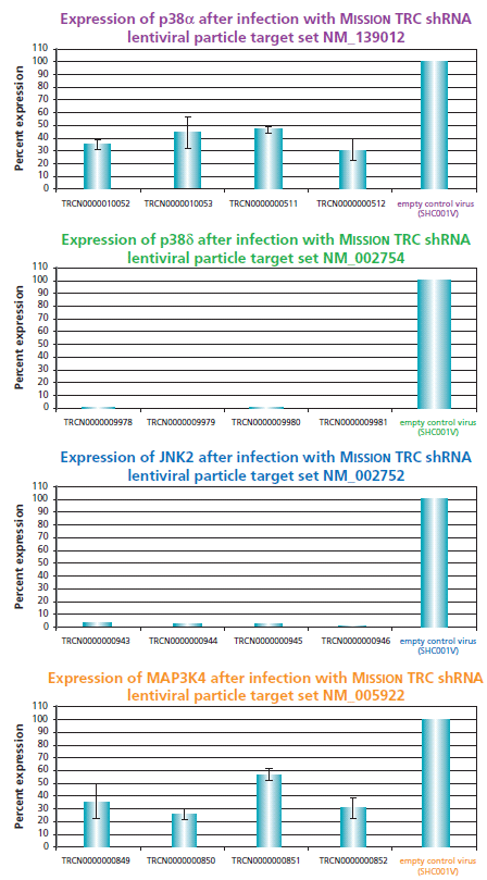 Examination of Efficacy, Specificity, and Efficiency of an shRNA Lentiviral Library MISSION TRC shRNA lentiviral particle target sets directed toward p38a, p38d, JNK2, and MAP3K4