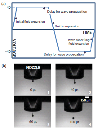 a) Exemplary bipolar waveform for piezo actuation; b) Droplet formation sequence from the nozzle of a piezo inkjet printhead. Piezo Inkjet