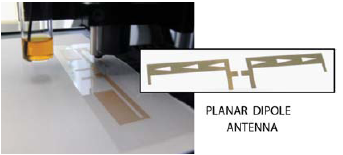 Inkjet printing of a planar dipole antenna with a resonance frequency of 868 MHz, using silver ink, at TU Chemnitz/Fraunhofer ENAS, Germany. Inkjet printing of a planar dipole antenna