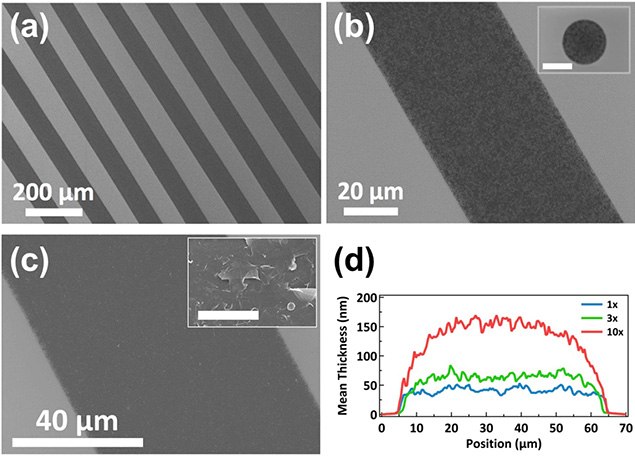 Morphology of inkjet printed graphene features on HMDS-treated Si/SiO2. Scanning electron micrographs of (a) multiple printed lines and (b) a single printed line and drop (inset, scale bar corresponds to 40 μm) illustrate the uniformity of the printed features. (c) SEM image of a graphene line printed with multiple passes and close-up image showing the resulting dense film microstructure (inset, scale bar = 1 µm). (d) Film cross-section as measured by AFM, averaged over approximately 20 µm of line length for 1, 3, and 10 printing passes. Parts (a,b,d) are adapted with permission from Ref. 27. Copyright 2013, American Chemical Society. Morphology of inkjet printed graphene features on HMDS-treated Si/SiO2
