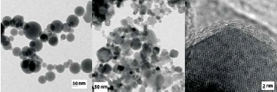 Transmission electron micrographs showing nanoparticles of Lithium Cobalt Phosphate, LiCoPO4 (left), Lithium Manganese Nickel Oxide, LiMn1.5Ni0.5O4 (center), and Lithium Manganese Nickel Oxide, LiMn1.5Ni0.5O4 (right) at higher magnification. Lithium-ion Battery Application of Nanopowders Made by nCCVC