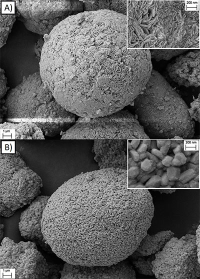 SEM images of the A) precursor material Ni0.8Co0.1Mn0.1(OH)2 and and B) the lithiated Ni0.8Co0.1Mn0.1O2 SEM images