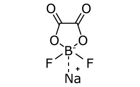Sodium Difluoro(oxalato)borate (NaDFOB) Chemical structure of sodium difluoro(oxalato)borate (NaDFOB). At the center is a boron atom bonded to two fluorine atoms and an oxalate group. The oxalate group is depicted as a four-membered ring with two double-bonded oxygen atoms, each attached to a carbon atom, and two single-bonded oxygen atoms connecting the carbon atoms to the boron. Below the boron, a sodium ion is shown with a positive charge, indicating its ionic interaction with the borate complex.
