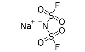 Sodium Bis(Fluorosulfonyl)imide (NaFSI) Chemical structure of sodium bis(fluorosulfonyl)imide (NaFSI). On the left, there is a sodium ion (Na+) with a positive charge symbol. To the right, the bis(fluorosulfonyl)imide ion is illustrated, featuring a central nitrogen atom bonded to two sulfonyl groups. Each sulfonyl group consists of a sulfur atom double-bonded to two oxygen atoms and single-bonded to a fluorine atom. The nitrogen atom connects to each sulfur atom, forming a bridging structure.