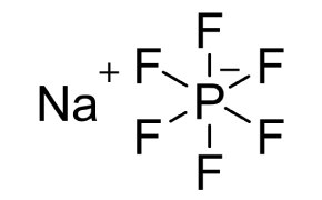 Sodium Hexafluorophosphate (NaPF6) Chemical structure of sodium hexafluorophosphate (NaPF6). On the left side, the sodium ion (Na) is shown with a positive charge symbol. To the right, the hexafluorophosphate ion is illustrated, featuring a central phosphorus atom surrounded by six fluorine atoms. Each fluorine atom is connected to the phosphorus atom with a single bond, forming an octahedral geometry around the phosphorus.