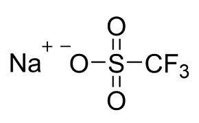 Sodium-triflate (NaTfO) Chemical structure of sodium triflate (NaTfO). On the left, a sodium ion (Na) is shown with a positive charge symbol. To the right, there is triflate ion, consisting of a central sulfur atom bonded to three oxygen atoms and one trifluoromethyl group (CF3). The sulfur atom is double-bonded to two oxygen atoms and single-bonded to the third oxygen atom, which carries a negative charge and forms an ionic bond with the sodium ion.