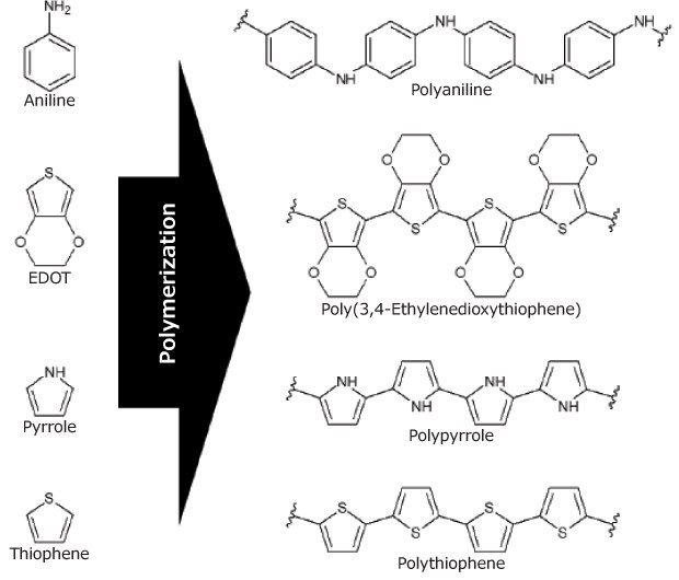 Chemical structure of the main monomers and their respective conducting polymers Aniline polymerizes to conductive polyaniline, EDOT to PEDOT, pyrrole to polypyrrole, thiophen to polythiophene