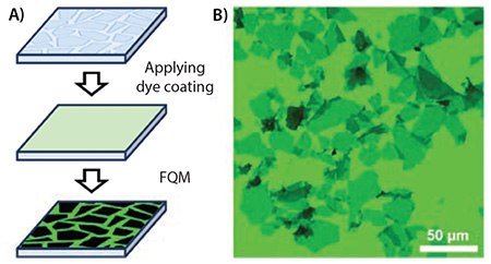 <b>A)</b> FQM can be conveniently performed by applying a dye coating on samples deposited on an arbitrary substrate. <b>B)</b> A naked-eye view of GO sheets on a glass coverslip, obtained with a digital camera directly through an eyepiece of the microscope, showing vivid contrast between different numbers of layers. Wrinkles, folds, and overlaps can be clearly seen. The dye layer was FL/PVP. Reproduced with permission from Reference 1, copyright American Chemical Society. Methods and Procedures of FQM