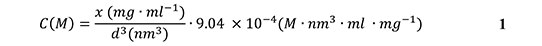 A mathematical formula for C(S), which is equal to x (mg m^-2) divided by 3d^2 (mm^2), multiplied by 3.04 times 10^-5 (m^3 mg^-1 mm^-2 mg d^-1). Particle number concentration. A mathematical formula for C(S), which is equal to x (mg m^-2) divided by 3d^2 (mm^2), multiplied by 3.04 times 10^-5 (m^3 mg^-1 mm^-2 mg d^-1). Particle number concentration.