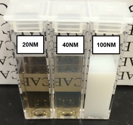 Suspensions of 20, 40, and 100 nm FND particles in deionized water. Extensive light scattering of large particles causes the 100 nm suspension to appear milky-white in color. The slight reduction in optical clarity of the sample containing 40 nm particles as compared to the one with 20 nm particles is indicative of greater light scattering from larger particles. Suspensions adopt a brown/amber color when sizes are small enough that light scattering is reduced. In all these suspensions the concentration of FNDs is approximately 1 mg/mL. Suspensions of 20, 40, and 100 nm FND particles in deionized water.