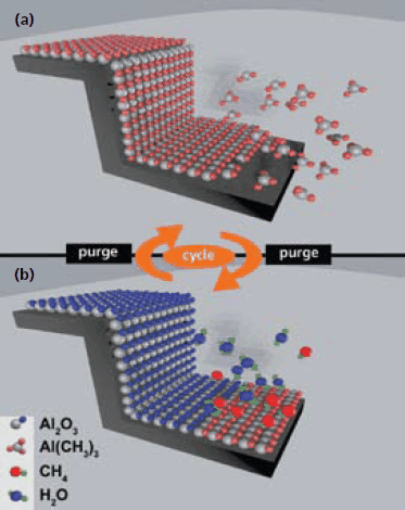 ALD — A Versatile Tool for Nanostructuring Schematic of one cycle of an ALD process. The schematic illustrates a simplified model for the deposition of Al2O3 using TMA and water as precursors.