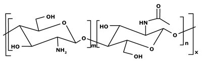 Polymer structure of chitosan showing repeating glucosamine units with hydroxyl and amine functional groups.