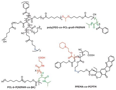 Multi stimuli-responsive polyesters for drug delivery applications with responsive units highlighted (pH = red, temperature = green, and reduction = blue). Multi stimuli-responsive polyesters