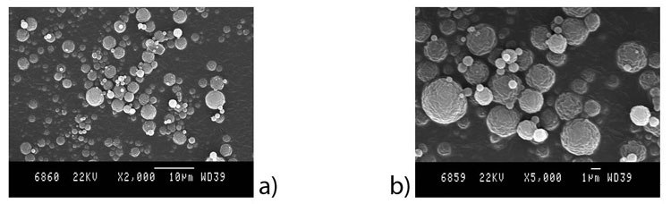SEM images of chitosan-TPP microparticles prepared from formulation F2 using parameters P1 at a) 2,000 X and b) 5,000 x magnification. SEM images of chitosan-TPP microparticles prepared from formulation F2 using parameters P1
