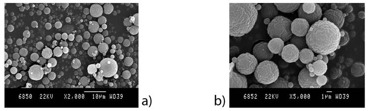SEM images of chitosan microparticles prepared from formulation F1 using parameters P1 at a) 2,000 x and b) 5,000 x magnification. SEM images of chitosan microparticles prepared from formulation F1 using parameters P1