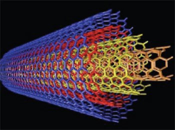 Multi-walled carbon nanotubes. A 3D cylindrical structure composed of hexagonal patterns in blue, red, yellow, and orange colors, representing multi-walled carbon nanotubes. The background is black, enhancing the visibility of the intricate design.