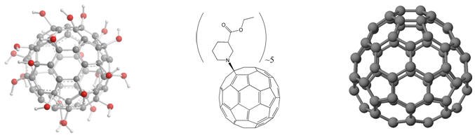 Left: Water-soluble polyhydroxylfullerene SGF example. Middle: Organic Soluble SGF ester. Right: C74, an example of a fullerene present within the un-functionalized SGF. Left: Water-soluble polyhydroxylfullerene SGF example. Middle: Organic Soluble SGF ester. Right: C74, an example of a fullerene present within the un-functionalized SGF.