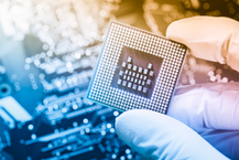 Silicon microchip in a circuit board Microchip set in a circuit board