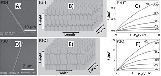 Development of organic semiconductors from highly ordered oligo and polythiophenes A) TEM image of a P3HT crystal. B) Schematic illustration of the crystal structure of P3HT. C) Output characteristic of FETs based on a P3HT crystal. D) TEM image of a P3OTcrystal. E) Schematic illustration of the crystal structure of P3OT. F) Output characteristic of FETs based on a P3OT crystal