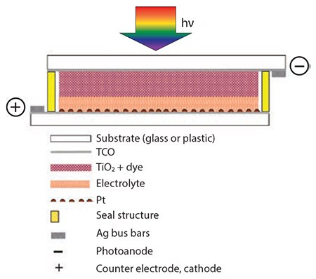 Schematic of the architecture and main components of a dye-sensitized solar cell. Schematic of the architecture