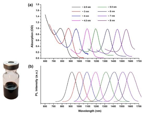 Absorption and emission wavelengths of ~ 4 nm PbS quantum dots. Graphical representation of absorption and emission wavelengths for approximately 4 nm lead sulfide (PbS) quantum dots. Panel (a) shows a series of overlapping curves representing absorption coefficients (Y-axis) across a range of wavelengths from 600 to 1700 nanometers (X-axis). Each curve is labeled with a different quantum dot size from 2.5 nm to 8.0 nm, indicating the size-dependent shift in absorption peaks. Panel (b) displays corresponding photoluminescence intensity curves with similar size-dependent wavelength shifts. Below the graphs, an image of a small glass jar containing dark blue liquid, presumably the PbS quantum dots solution, is shown.