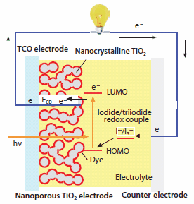 figu1 Schematic of a DSSC illustrating the mechanism of electric power generation
