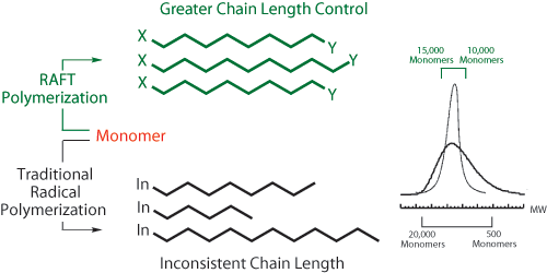 General comparison of polymers made with traditional radical polymerization against those made using RAFT process. General comparison of polymers made with traditional radical polymerization against those made using RAFT process.