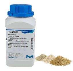 GranuCult® Prime Vegetable Peptone Broth A bottle of GranuCult® Prime Vegetable Peptone Broth with a blue cap, alongside three different piles of agar powder with different color and texture, used for microbiological applications.