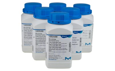 NutriSelect® Prime Microbiology Products Group of six NutriSelect® Prime bottles, each with a blue cap, showcasing various microbiological testing products for food safety and quality assurance.