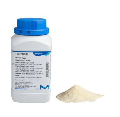 NutriSelect® Prime Plate Count Agar A white bottle of NutriSelect® Prime Plate Count Agar with a blue cap and a pile of agar powder beside it, used for microbiological testing in food safety.
