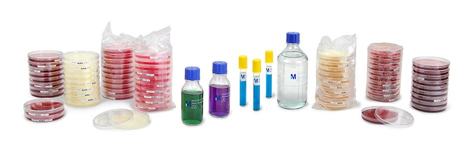 Ready to use microbial culture media A collection of ready to use microbial culture media, including stacked Petri dishes in various colors, and several bottles of liquid culture media, arranged on a white background.