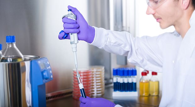 ReadyTube® Media for Microbial Analysis A lab technician in a white lab coat and purple gloves using a pipette to transfer liquid from a tube, with various ReadyTube® media in tubes and bottles for isolating and enumerating microorganisms in food visible in the background.