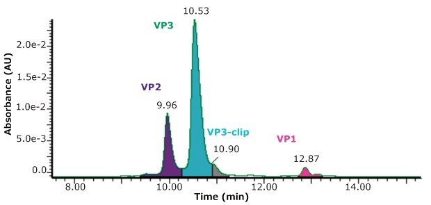 Stoichiometry determination using UV (280 nm) detection on the BIOshell™ A400 Protein C4 column Absorbance versus time plot showing the peaks for VP1, VP2, VP3, and VP3-clip obtained during the intact AAV5 capsid protein analysis using BIOshell™ A400 Protein C4 column and UV detection at 280 nm.
