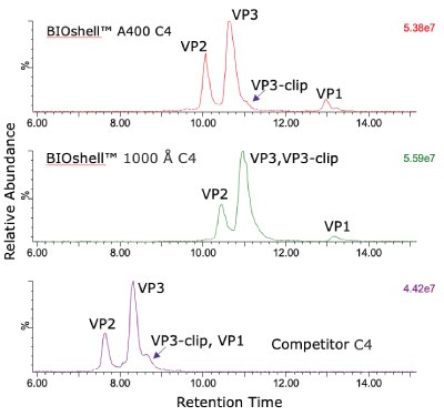 Total ion current (TIC) profiles of AAV5 intact capsid protein retention and separation A comparison of total ion current (TIC) profiles of intact AAV5 capsid protein to assess its retention and separation on three different columns. Both the BIOshell™ A400 C4 and BIOshell™ IgG 1000 Å C4 columns provided good retention of the proteins using the gradient described in the draft guideline. Separation of VP1 from VP2 and VP3 was also achieved
