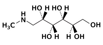Chemical Structure of Meglumine Meglumine is a sorbitol derivative with a terminal amino group.