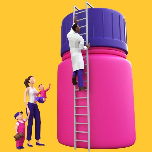 Little Patients Big Challenges A giant pink medicine bottle with a purple lid against a vibrant yellow background. A scientist climbs a ladder to reach the bottle’s cap, while a mother and her two small children stand to the side looking up at the scientist.