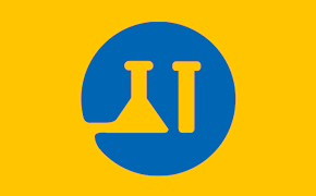 A blue circle with a yellow flask and test tube icon at its center on a yellow backgroud. A blue circle with a yellow flask and test tube icon at its center on a yellow backgroud.