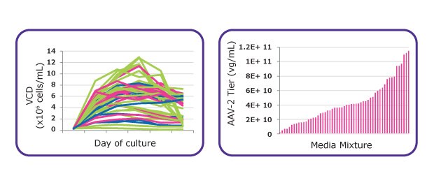 Identification Formulation Highest Performances Charts showing cell viability and AAV2 productivity performance