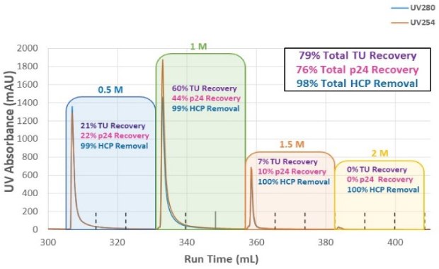 Step elution recovery and HCP removal at different salt concentrations The graph is titled Mustang Q elution -New Feed 9.5 M to 2.0 M NaCl and shows UV absorbance (mAU) at 0.5 M, 1 M, 1.5 M and 2 M NaCl. UV absorbance was plotted at UV280 and UV254. The 0.5 M run time is shown in blue and is between about 305 and 330 mL. Both UV absorbance peaks are at about 310 mL close to 1400 mAU. There was 21% TU recovery, 22% p24 recovery, and 99% HCP removal. The 1 M run time is shown in green and is between about 330 and 355 mL. Both UV absorbance peaks are at about 335 mL at about 1900 mAU. There was 60% TU recovery, 44% p24 recovery, and 99% HCP removal. The 1.5 M run time is shown in orange and is between about 355 and 385 mL. Both UV absorbance peaks are at about 360 mL at about 700 mAU. There was 7% TU recovery, 10% p24 recovery, and 100% HCP removal. The 2 M run time is shown in yellow and is between about 385 and 410 mL. Both UV absorbance peaks are at about 385mL at about 50 mAU. There was 0% TU recovery, 0% p24 recovery, and 100% HCP removal.