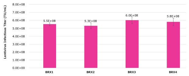 Lentivirus infectious titer based on the five factors tested in DoE #1 Scale-up of the optimal lentivirus production levels of the five factors tested in DoE #1 resulted in a range of lentivirus infectious titers from 5.3E+08 TU/mL to 6.0E+08 TU/mL across all four 3 L bioreactors.