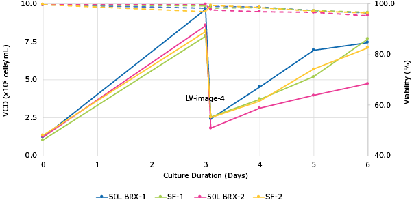 Lentivirus Production in Mobius® 50L Single-Use Bioreactor Figure 4. VirusExpress® 293T Lentiviral Production Cells were expanded in Mobius® 50 L Single-Use Bioreactor at N-1 stage for 3 days, and then fresh medium was added volume up to 40L working volume. Cells were grown for 1 day prior to transfection with PEI based transfection reagent and 3rd generation lentivirus packaging plasmids and transfer plasmid with GFP reporter gene. A total of 2 runs were completed. Solid lines are cell growth data while dashed lines are cell viability (Figure 4). The bar graph consists of lentivirus infectivity titers obtained with HT1080 cells (Figure 5).