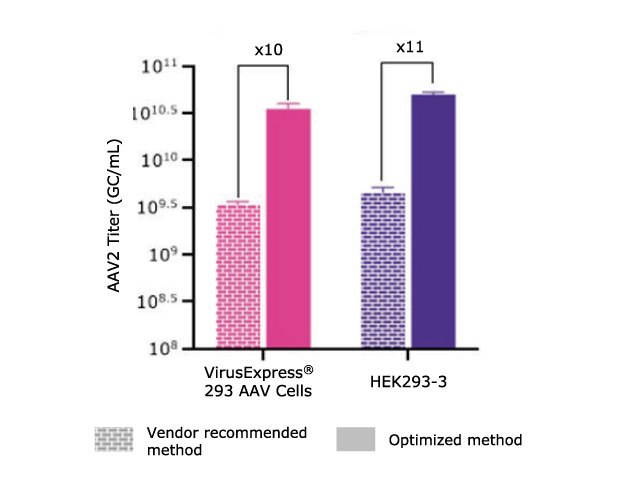 Optimized Transfection Parameters Greater than 10-fold increase in AAV2 titer achieved post-optimization with the VirusExpress® 293 AAV cell line.