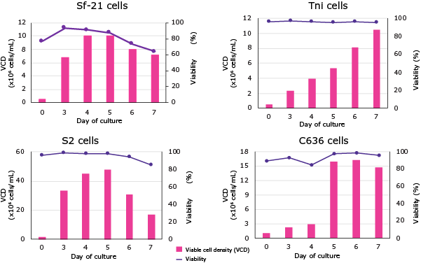The Sf-RVN® Platform Performance for Growth and AAV Production Figure 12. EX-CELL® CD Insect Cell Medium supports the growth of multiple insect cells. Sf-21, Tni, S2 and C636 cells were adapted for at least three passages in the EX-CELL® CD Insect Cell Medium. After adaptation, cells were seeded at 0.5x106 cells/mL on day zero. Viable cell density (VCD) and viability were followed for 7 days.